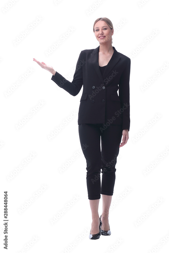 young businesswoman showing on copy space. isolated on white young businesswoman showing on copy space. isolated on white
