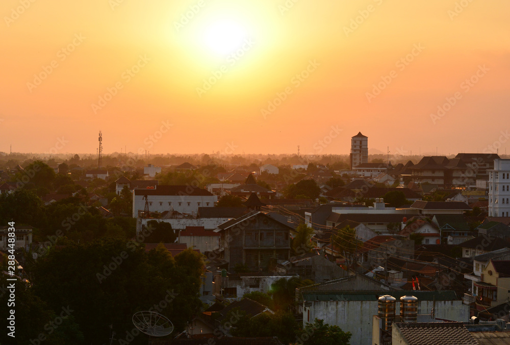Aerial view of sunset at Jogyakarta City. Central Java, Indonesia 
