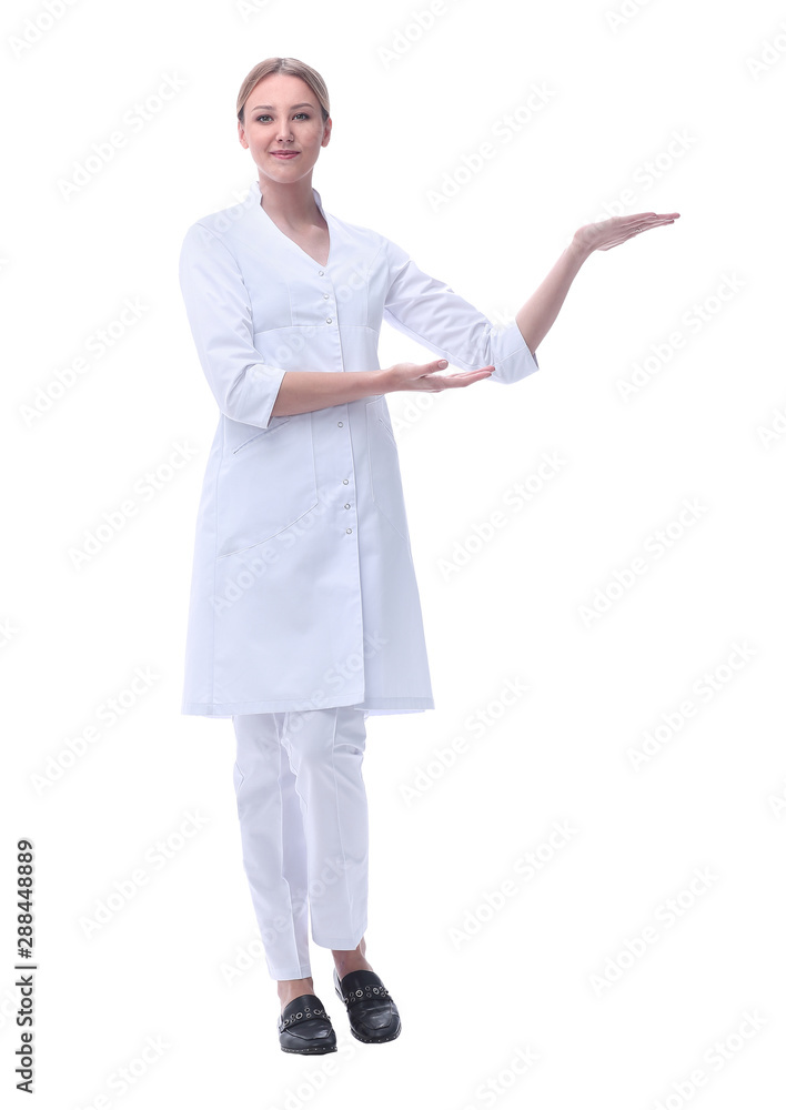 smiling doctor woman pointing on copy space. isolated on white smiling doctor woman pointing on copy space. isolated on white