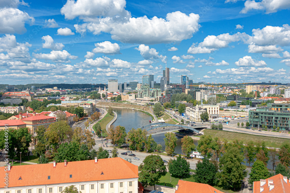 View to Vilnius old city, modern downtown and Neris river in Vilnius, Lithuania