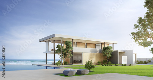 Luxury beach house with sea view swimming pool and terrace in modern design. Empty wooden floor deck at vacation home. 3d illustration of contemporary holiday villa exterior.