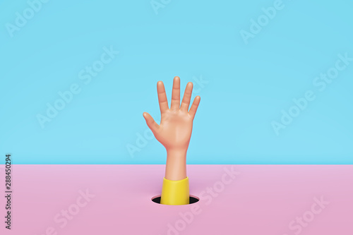hand showing through a hole. cartoon style minimal concept. 3d rendering