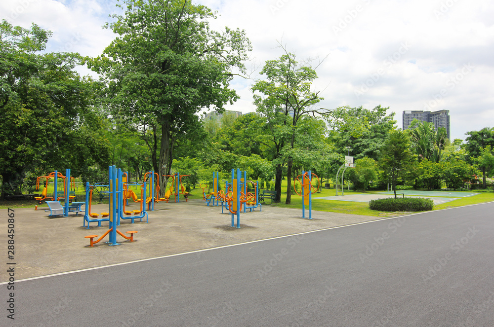 Fitness area in the garden surrounded by green trees