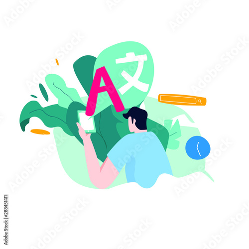 Online translator concept with translator symbol, foreign language translation, online communication flat vector illustration design for mobile and web graphics
