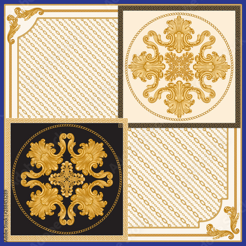 Vector shawl print with gold chains pattern, Greek  meanders, Baroque fantasy scrolls on a dark blue background. Scarf, silk bandana, kerchief, textile patch, carpet. 10 pattern brushes in the palette