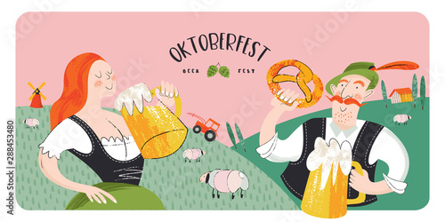 Oktoberfest, beer festival. Characters in German national dress drink beer from large mugs. Vector flat illustration with hand drawn unique textures.