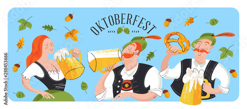 Oktoberfest, beer festival. Characters in German national dress drink beer from large mugs. Vector flat illustration with hand drawn unique textures.