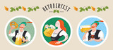 A set of coasters. Oktoberfest, beer festival. Characters in German national dress drink beer from large mugs. Vector flat illustration with hand drawn unique textures.