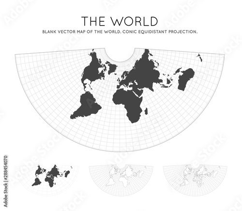 Map of The World. Conic equidistant projection. Globe with latitude and longitude lines. World map on meridians and parallels background. Vector illustration.