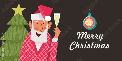 Cheerful Santa Claus grandfather with a glass of wine. merry Christmas.  Vector card.
