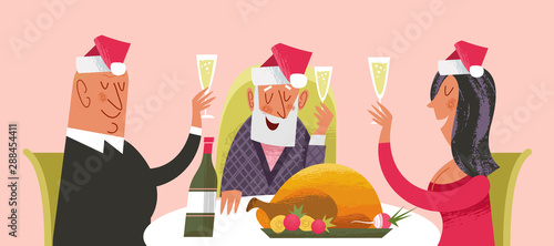 Christmas dinner. Happy family celebrating Christmas. Vector card.