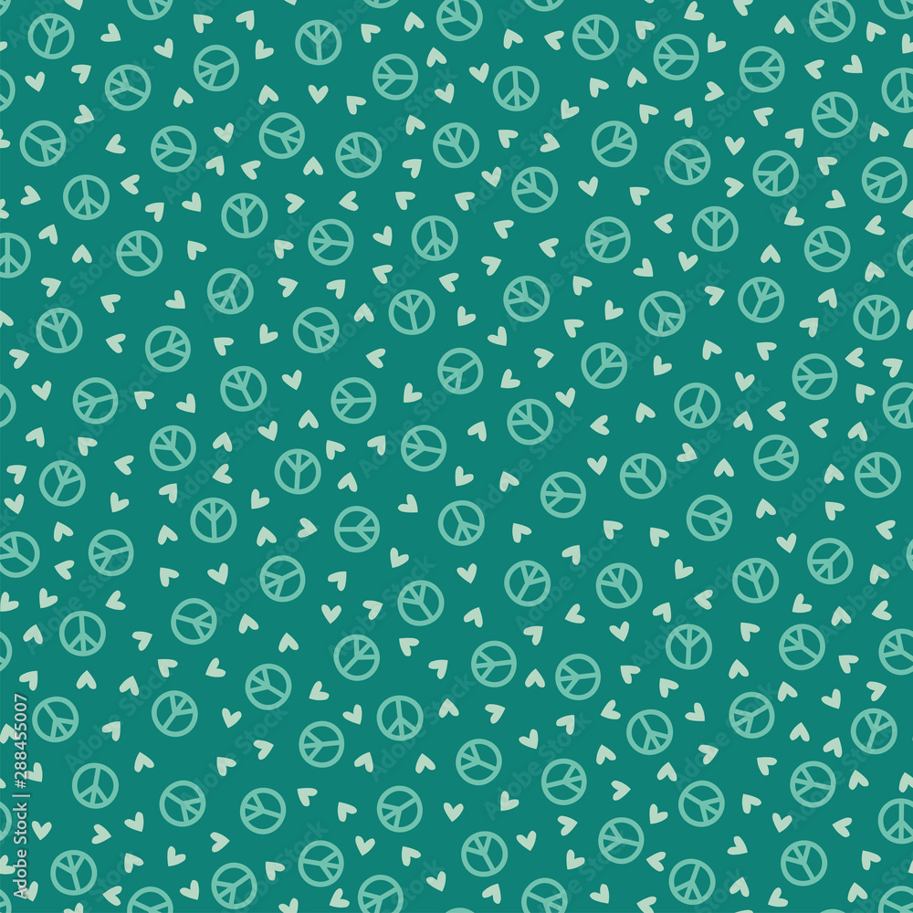 Seamless pattern with peace signs and hearts