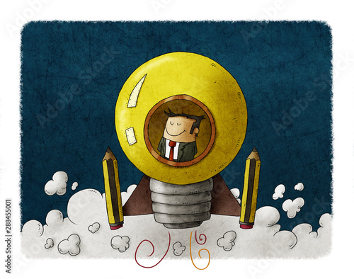 bulb light rocket start up with a businessman inside.