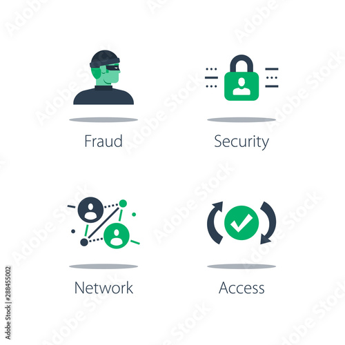 Network security system, finding weak spot, online safety, strong protection, web server vulnerability, software solution, computer technology, personal data theft, vector flat icon set