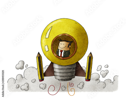 bulb light rocket start up with a businessman inside. white background