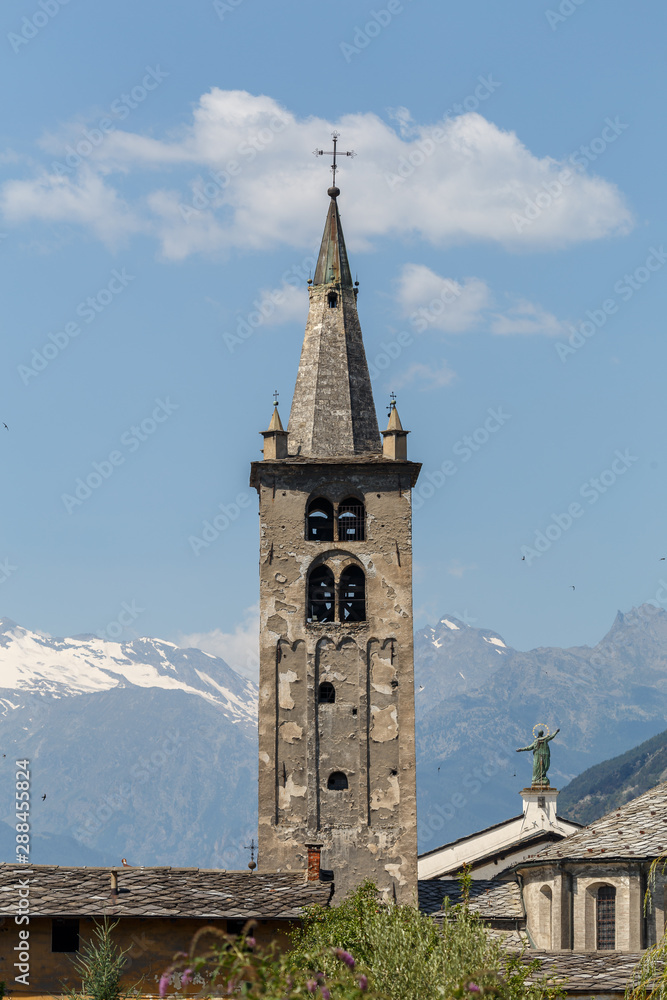 Cathedral bell-tower in the historic centre of Aosta town, Italy
