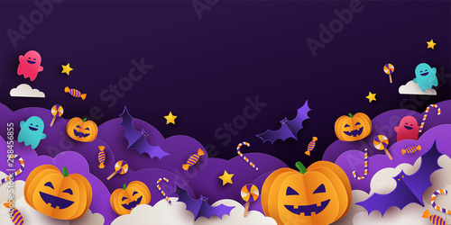 Halloween background for party invitation, greeting card, web banner or Sales with candies in night clouds, cutest pumpkins, bats, ghosts on violet background. Paper cut style, digital craft style