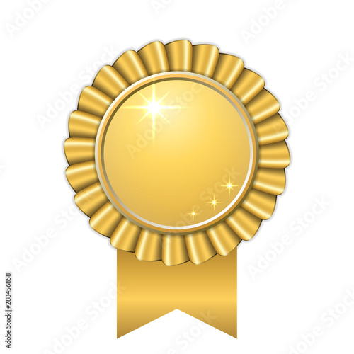 Award ribbon gold icon. Golden medal design isolated on white background. Symbol of winner celebration, best champion achievement, success trophy seal. Blank rosette element. Vector illustration
