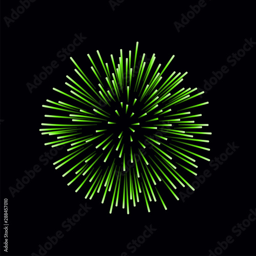 Beautiful green firework. Bright firework isolated on black background. Light green decoration firework for Christmas, New Year celebration, holiday, festival, birthday card. Vector illustration