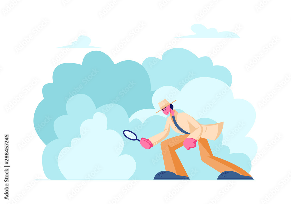 Private Investigator in Classic Hat and Cloak Looking through Magnifier Glass Searching Evidence on Ground for Robbery Solving. Police Detective Investigating Crime. Cartoon Flat Vector Illustration
