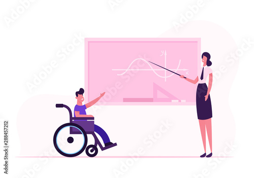 Young Teacher Woman and Disabled Boy in Wheelchair near Blackboard in Classroom. Handicapped Schoolboy Answering Mathematics Lesson in Class. Disability School Concept Cartoon Flat Vector Illustration