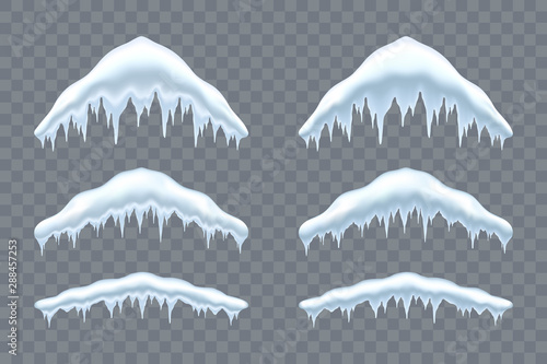 Snow cap ice set. Winter design snowy icicle roof. White blue snow template. Frame decoration isolated transparent background. 3D realistic cap. Christmas, New Year frozen texture. Vector illustration