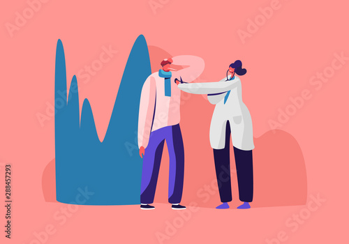 Ill Man with Iced Heater on Head Having Cold Virus Caught Flu Disease. Female Doctor Character Listen Heart Beating and Measuring Temperature with Thermometer, Illness Cartoon Flat Vector Illustration