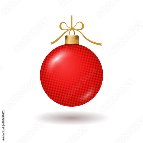 Christmas tree ball with ribbon bow. Red bauble decoration, isolated on white background. Symbol of Happy New Year, Xmas holiday celebration, winter. Flat design for card. Vector illustration