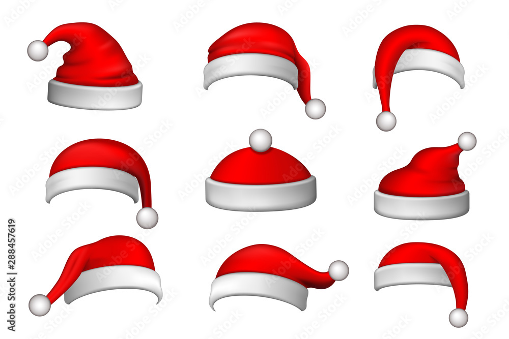 Santa Claus hat 3D set. Realistic Santa Claus hat isolated on white background. Red funny cap silhouette. Merry Christmas clothes cute design. New year decoration wear costume. Vector illustration Santa Claus hat 3D set. Realistic Santa Claus hat isolated on white background. Red funny cap silhouette. Merry Christmas clothes cute design. New year decoration wear costume. Vector illustration
