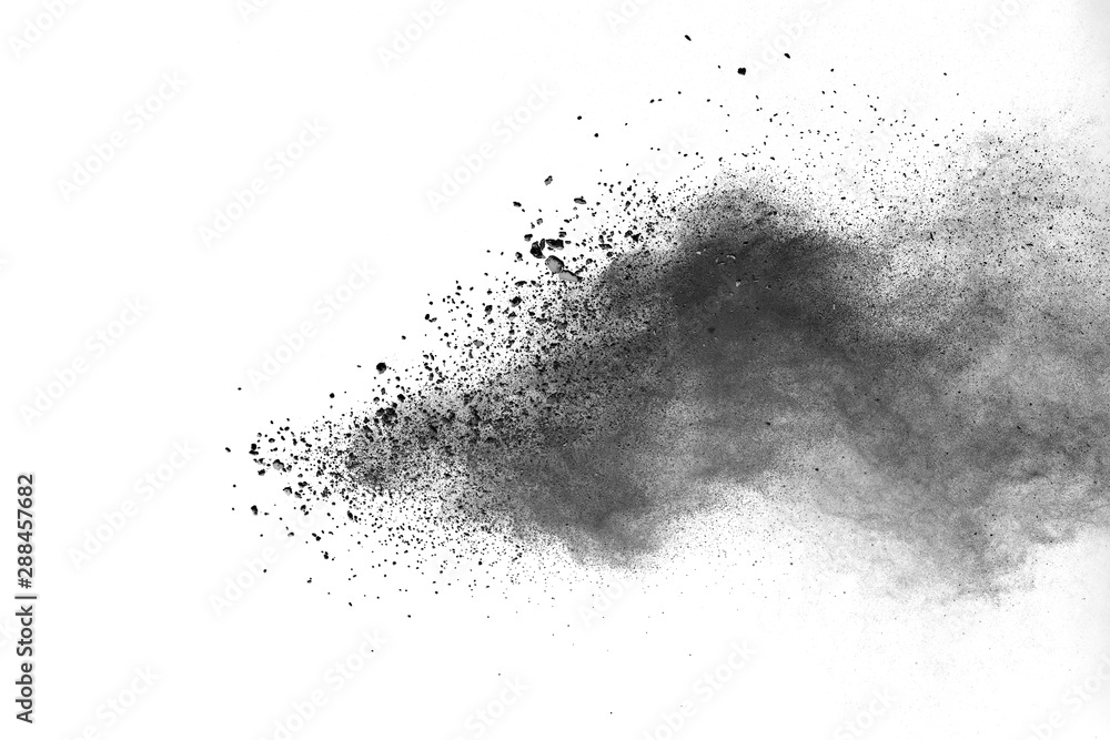 abstract powder splatted background. Black powder explosion on white background. Colored cloud. Colorful dust explode. Paint Holi.