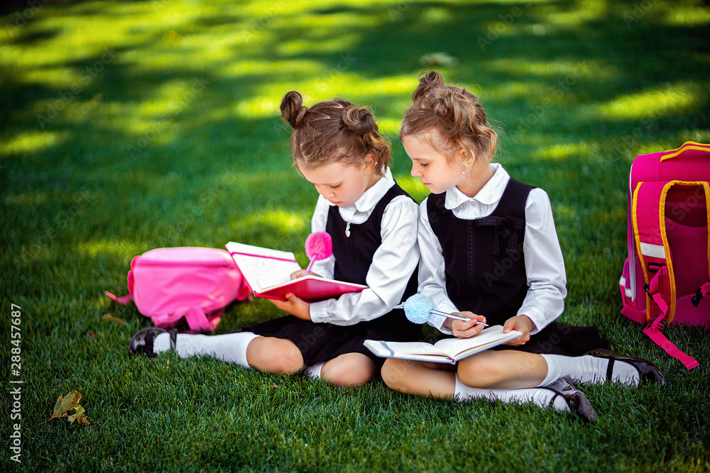 Two little school girls with pink backpack sitting on grass after lessons and read book or study lessons, thinking ideas, education and learning concept. Two little school girls with pink backpack sitting on grass after lessons and read book or study lessons, thinking ideas, education and learning concept.