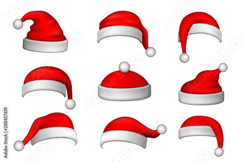 Santa Claus hat 3D set. Realistic Santa Claus hat isolated on white background. Red funny cap silhouette. Merry Christmas clothes cute design. New year decoration wear costume. Vector illustration