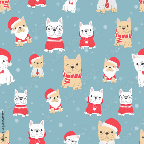 cute french bulldog puppy dog in christmas costume seamless pattern snow background