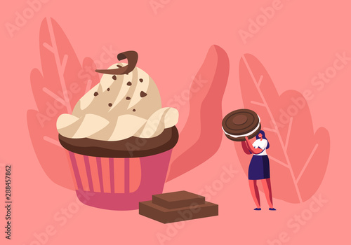 Woman Decorate Festive Cupcake with Chocolate, Cream and Cookies. Tiny Female Character Decorating Huge Pie. Bakery Giant Dessert for Birthday or Event Celebration Cartoon Flat Vector Illustration