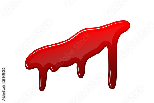 Blood drip 3D. Drop blood isloated white background. Happy Halloween decoration design. Red splatter stain splash spot, horror blot. Bleeding bloodstain scare texture. Liquid paint. Vector illustraton