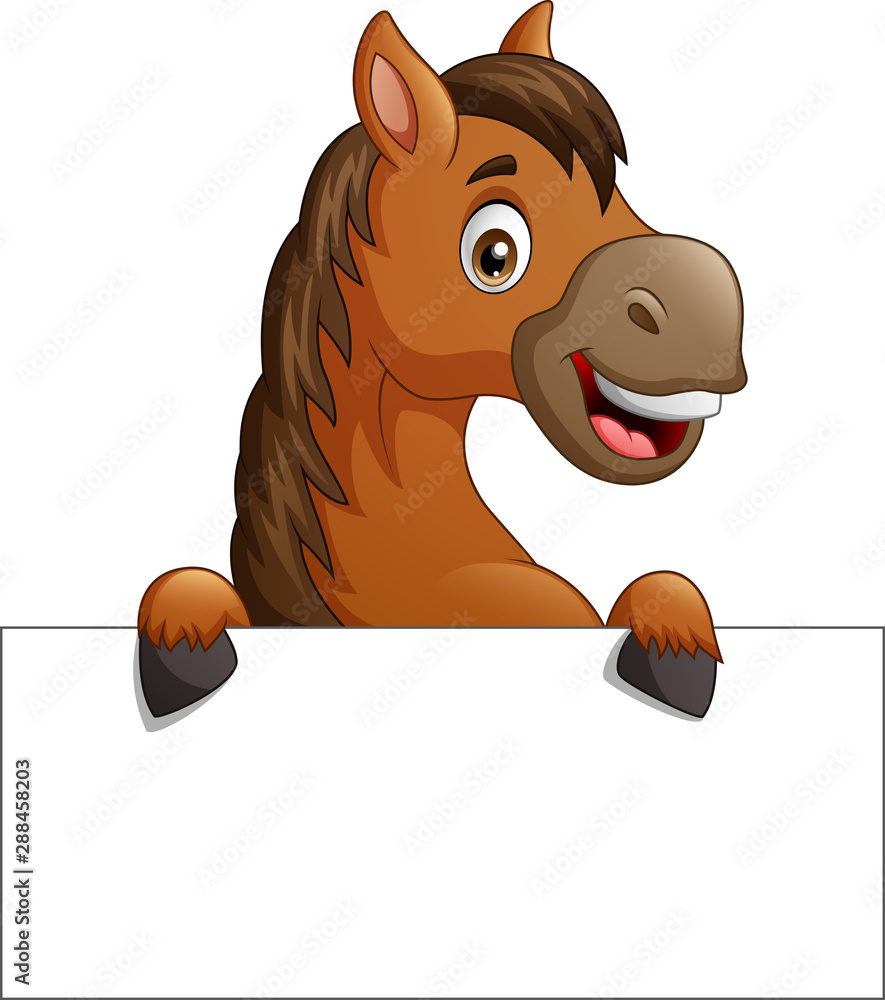 Cartoon brown horse with blank sign board. vector illustration - obrazy, fototapety, plakaty 