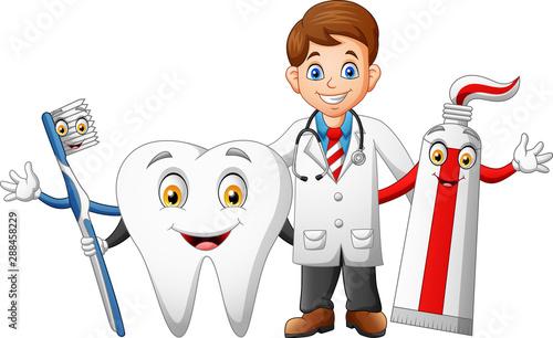 Happy doctor cartoon, teeth, toothpaste and toothbrushes. vector illustration