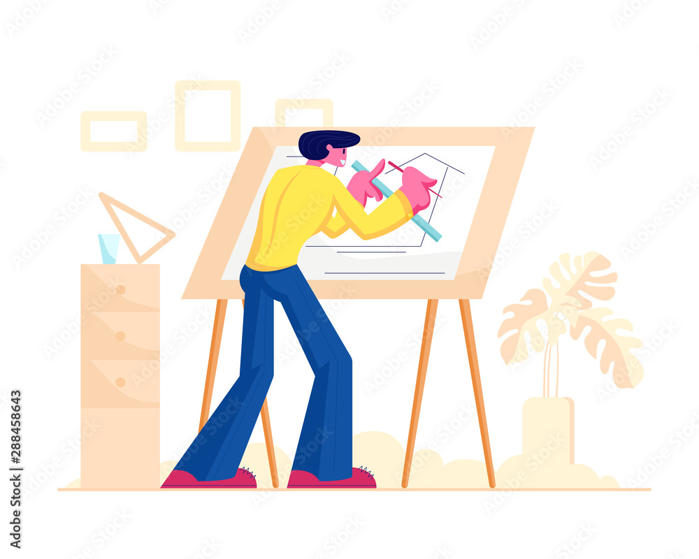 Building and Engineering Profession, Occupation or Job Concept. Man Architect and Construction Engineer Working on Architecture Project Painting Plan on Blueprint Cartoon Flat Vector Illustration Building and Engineering Profession, Occupation or Job Concept. Man Architect and Construction Engineer Working on Architecture Project Painting Plan on Blueprint Cartoon Flat Vector Illustration