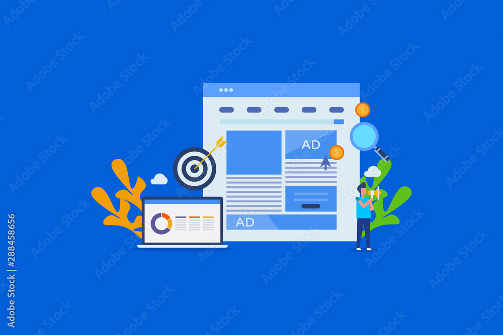 Digital advertising, re-targetting, re-marketing, web analytics concept, flat design vector banner template with character. Digital advertising, re-targetting, re-marketing, web analytics concept, flat design vector banner template with character.