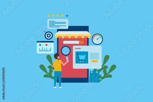 Mobile shopping, seo and digital marketing campaign, mobile ecommerce seo concept, flat design web banner template with character.
