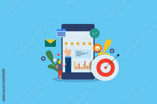 Customer feedback, review, rating, online reputation management for company, target customer concept with character, web banner vector banner template.
