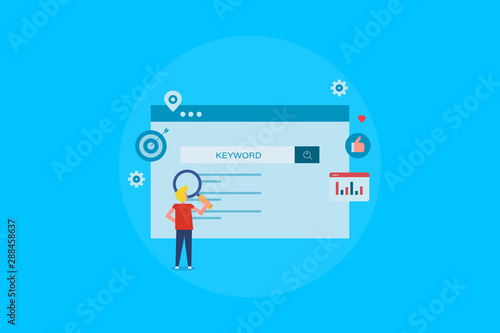 Keyword research for website, seo keyword search, man finding keyword for website seo, flat design vector banner with character. photo