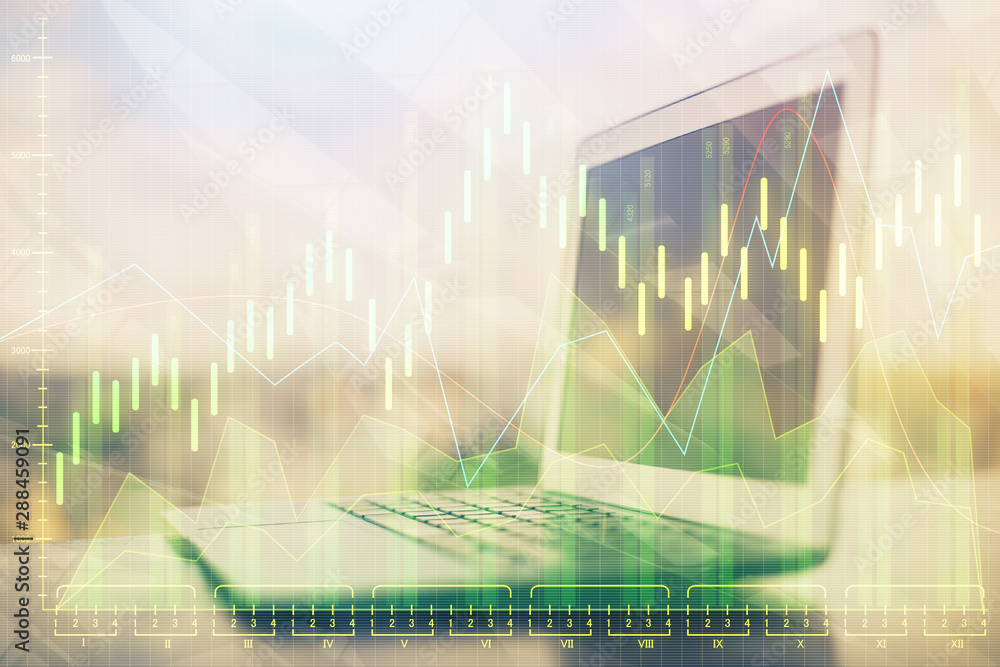 Multi exposure of forex chart and work space with computer. Concept of international online trading. Multi exposure of forex chart and work space with computer. Concept of international online trading.