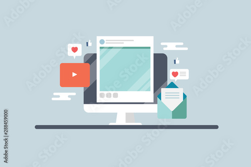 Social media post displaying on desktop computer, digital content, video , email, audience engagement concept. Flat design vector banner.