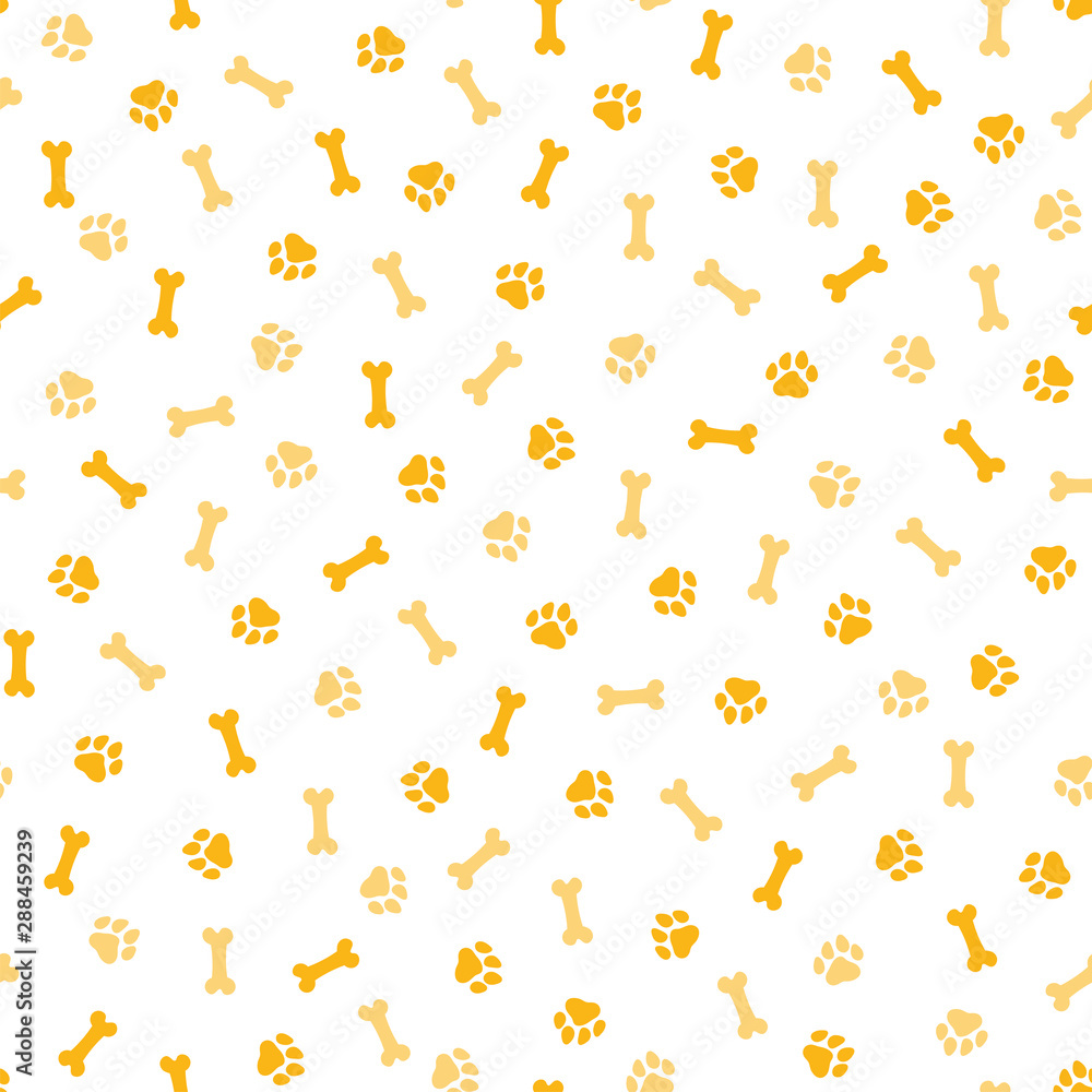 Seamless pattern with pink and orange paws, bones and balls Seamless pattern with pink and orange paws, bones and balls