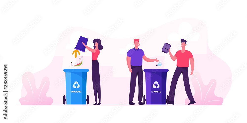 People Throw Garbage into Containers for Organic and E-waste Litter Bins with Recycle Sign. City Dwellers Collecting Trash. Recycling Pollution Ecology Protection. Cartoon Flat Vector Illustration