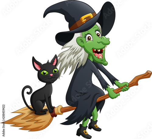 Halloween cartoon witch and cat with flying broom. vector illustration