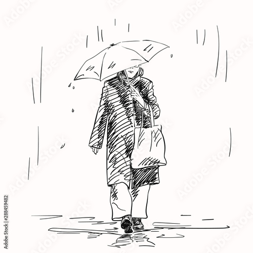 Sketch of woman in dark coat with shopping bag on arm walking under umbrella in rain, Hand drawn illustration