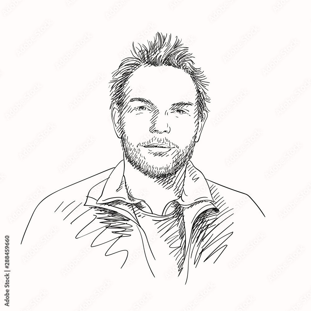 Portrait of handsome young unshaven man with shaggy hair and with satisfied enlightened look, Hand drawn isolated vector sketch Portrait of handsome young unshaven man with shaggy hair and with satisfied enlightened look, Hand drawn isolated vector sketch
