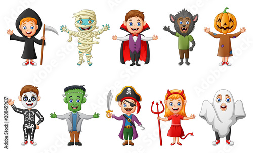 Set of cute halloween cartoon costumes children. vector illustration